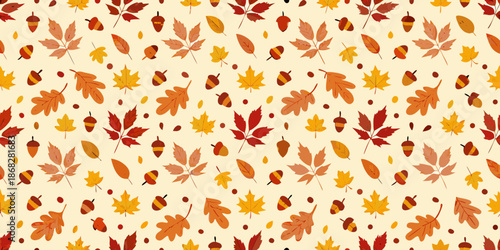 Autumn leaves and acorns create a repeating pattern on a cream background
