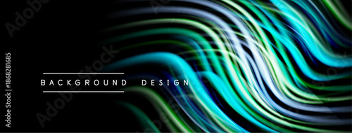 Abstract flowing lines create dynamic visual effect. Vibrant colors blend against dark background. Modern design element.