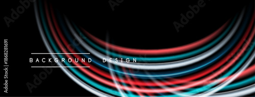 Abstract flowing lines create dynamic visual effect. Bright colors contrast against dark background. Modern design element.