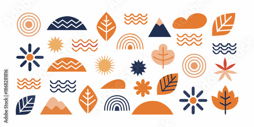 Abstract arrangement of colorful geometric shapes and stylized natural elements