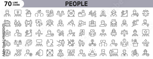 People line icon set illustrating teamwork, leadership, communication, collaboration, relationship, education. Editable stroke outline