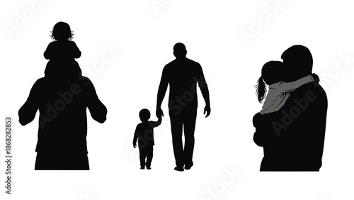 Silhouette of a family of four walking together with a child on shoulders and another child holding an adult's hand on a white background