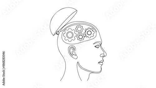 Continuous one line art vector illustration of a human head in profile with open skull revealing gears, representing the concept of thought processes and ideas