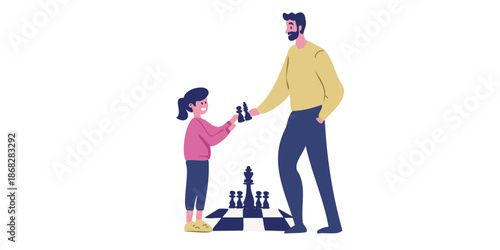 father and daughter enjoying chess game artwork