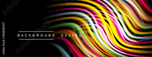 Abstract colorful lines create dynamic wave pattern. Black background emphasizes vibrant streaks, modern design element.