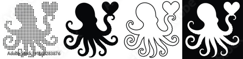 Whimsical octopus holding a heart, presented in various graphic styles