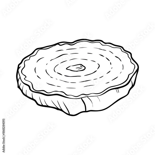 Cut wood slice in highly detailed engraving drawing style, showcasing natural tree rings and rough bark texture. This organic cut wood slice provides authentic rustic element for designs.