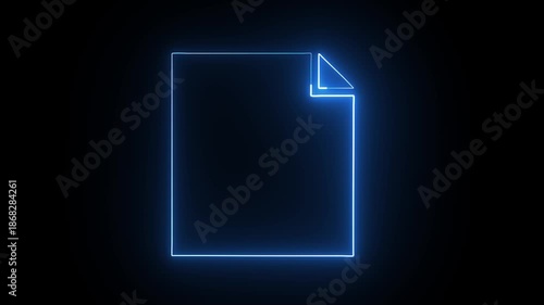 Neon glowing document file icon glowing on black background loop animation.
