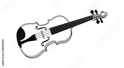 A simple black and white illustration of a classic violin with detailed strings