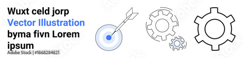 Target hit by arrow symbolizes goal achievement. Three gearwheels represent process, teamwork, and optimization. Ideal for success, strategy, business, innovation, project management simple landing