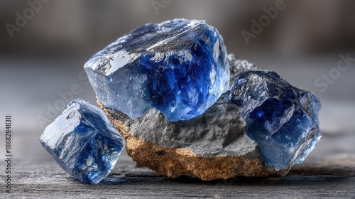 Rough blue crystalline mineral specimens resting on earthy matrix material