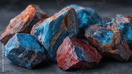 Rough specimens of vividly colored mineral deposits display natural textures and varying hues.