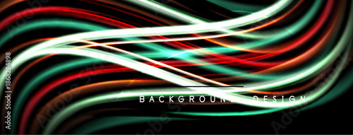 Abstract flowing lines, vibrant colors, dynamic curves. Dark background enhances luminosity, creating modern visual effect.
