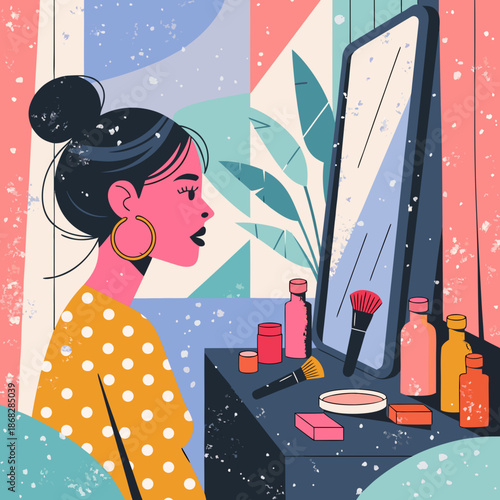 Woman preparing for a special occasion in front of a dressing table with cosmetics and a mirror