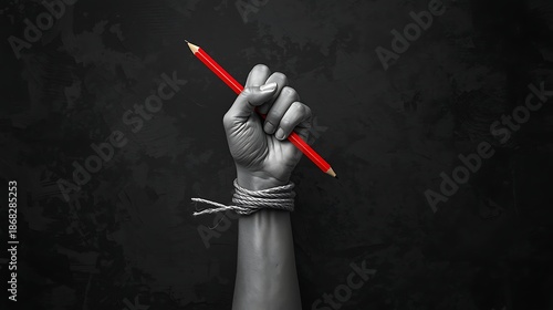 Breaking the Chains of Censorship: A Roped Wrist Holds a Bright Red Pencil, Symbolizing the Unbreakable Power of Creative Freedom and Expression against Oppression