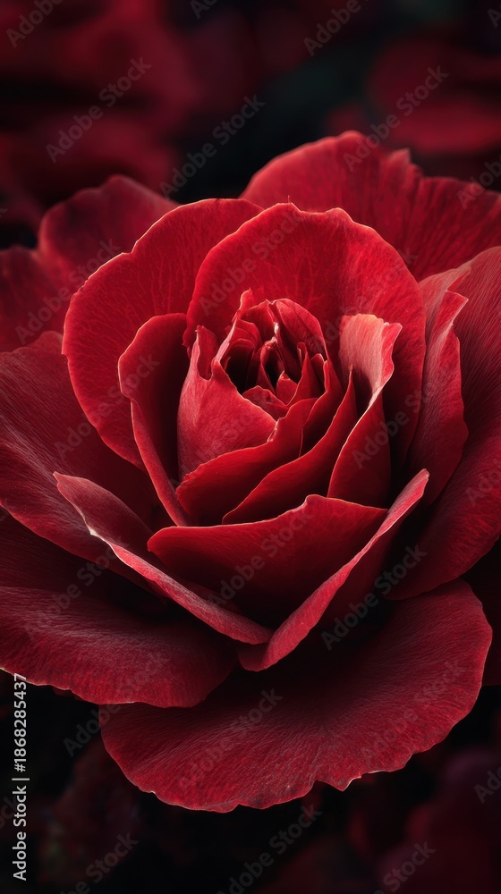 Naklejka premium Close up red rose macro shot with velvety petals and dramatic lighting