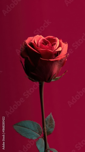 Red rose on a tall stem against a deep red background evokes romance and elegance