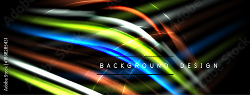 Abstract colorful lines create dynamic background. Bright streaks suggest speed, energy, modern design elements. Dark space enhances visual impact.