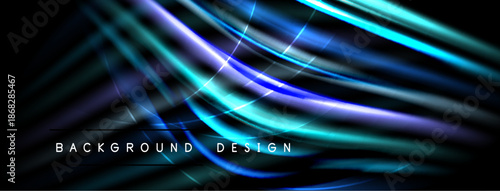 Abstract flowing lines create dynamic background. Blue, purple hues dominate dark space. Modern design element.