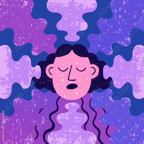 A woman experiencing stress with a shocked expression surrounded by abstract shapes
