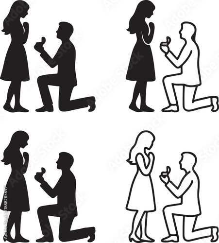 Isolated valentine proposal silhouette icon, valentine proposal kneeling couple, romantic valentine love engagement symbol, wedding couple romantic branding illustration, valentine proposal design