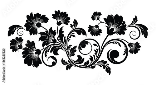 Elegant black floral design with swirling leaves and decorative ornamental details