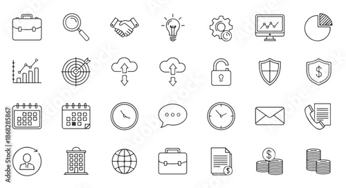 Risk Management and Public Relations Icon Set, Corporate Business Strategy, Crisis Communication, and Security Assessment Flat Line Vector Illustrations