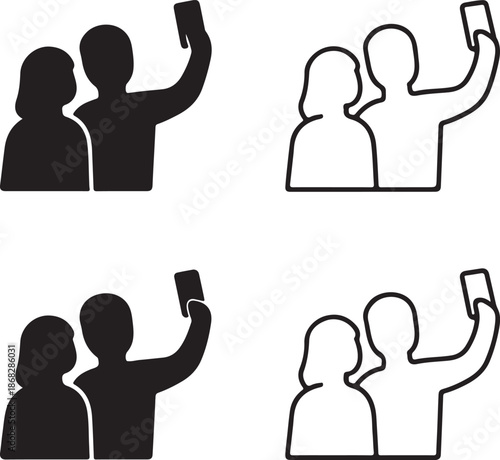 Isolated couple selfie silhouette icon, couple selfie romantic photo vector, love couple memory illustration, couple selfie pose minimal design, love relationship branding, romantic engagement vector