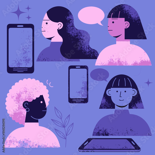 Illustration of people communicating with mobile devices in a digital environment from various viewpoints