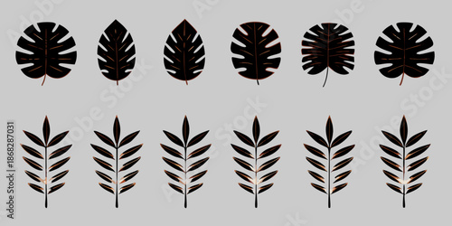 A collection of dark tropical leaves and fern fronds on a gray background