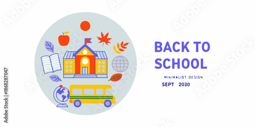 Back to school themed illustration with school bus books and apples