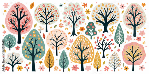 Colorful stylized trees and floral patterns create a whimsical woodland scene