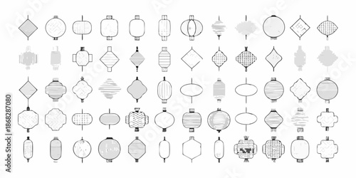 Varied geometric shapes and line drawings arranged in a grid pattern