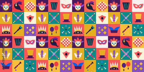 Colorful carnival masks arranged in a grid pattern on a vibrant background
