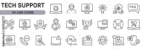 Tech Support line icons set with Helpdesk, Support, Protection, Maintenance, Repair, Service. Editable stroke