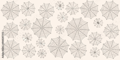 A collection of delicately illustrated spiderwebs on a neutral background