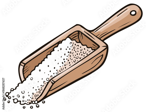 Vector illustration of a rustic wooden scoop pouring out white granulated sugar or coarse salt