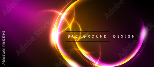 Bright neon circles overlap dark background. Vivid orange, pink hues create dynamic visual effect. Modern design element.
