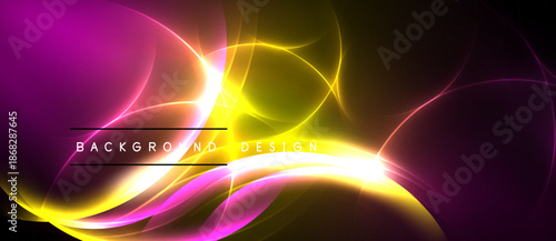 Abstract vibrant design. Swirling light shapes create dynamic energy. Pink, yellow hues dominate dark background. Modern aesthetic.