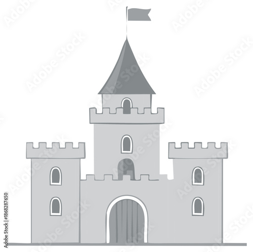 Simple gray fairytale castle illustration with towers a gate and a flag