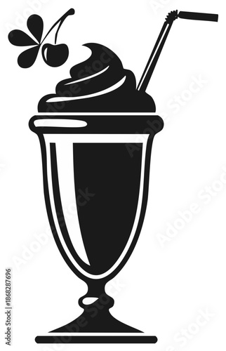 Stylized Black Silhouette of a Cherry Topped Ice Cream Sundae with a Straw