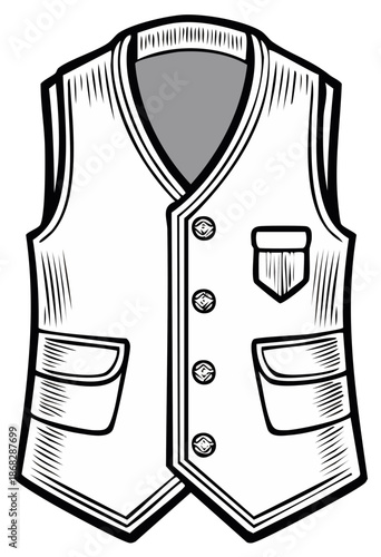 Vintage waistcoat drawing in grayscale with buttons and pockets