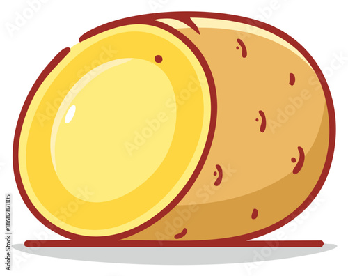 Cartoon Potato Half Cut Showing Bright Yellow Interior with Dark Outline