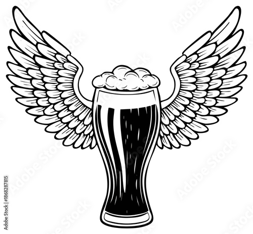 Vintage Flying Beer Glass with Angel Wings Black and White Illustration