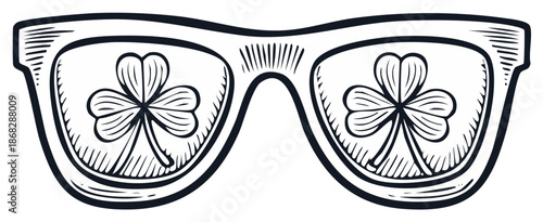 Hand drawn eyeglasses reflecting shamrocks for St Patrick's Day celebration