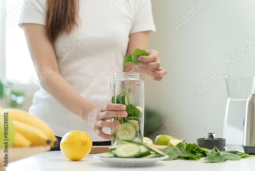 Woman Preparing Fresh Fruit Smoothie Ingredients.