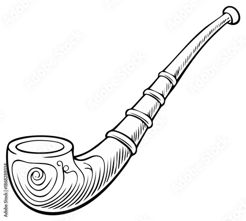 Detailed black and white illustration of a smoking pipe, classic design.