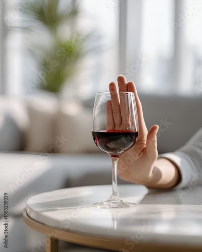 Gest odmowy przy kieliszku czerwonego wina na stole, rezygnacja z alkoholu i trzeźwość, świadomy wybór i zdrowy styl życia.