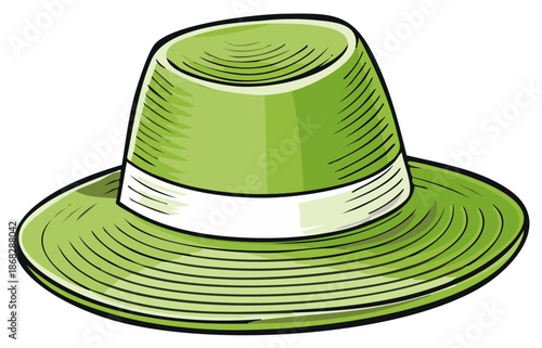 Green Fedora Hat Cartoon Illustration Style, Vintage Headwear, Accessories, Stylish Design