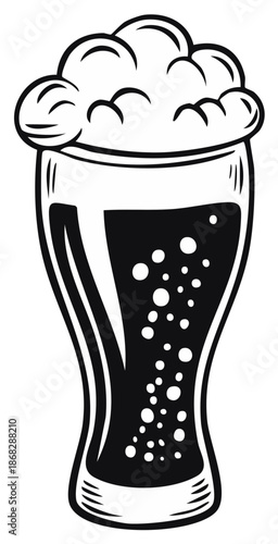 Black and white illustration of a tall glass of dark beer with a frothy foam head